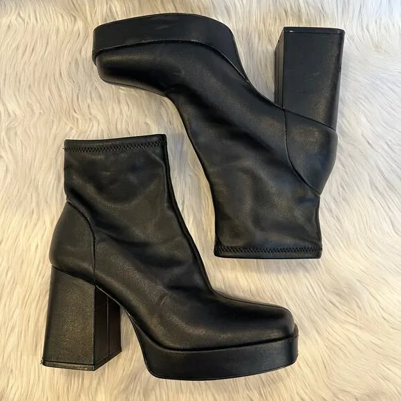 ZARA Faux Leather Platform Ankle Boots Square Toe Chunky Block Heeled, Black