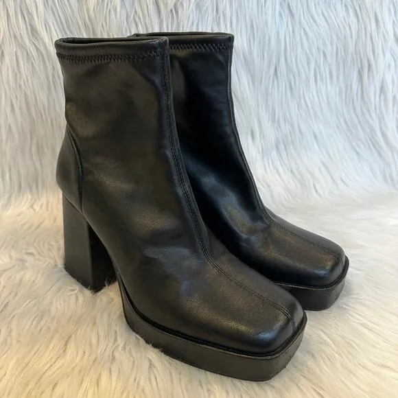 ZARA Faux Leather Platform Ankle Boots Square Toe Chunky Block Heeled, Black