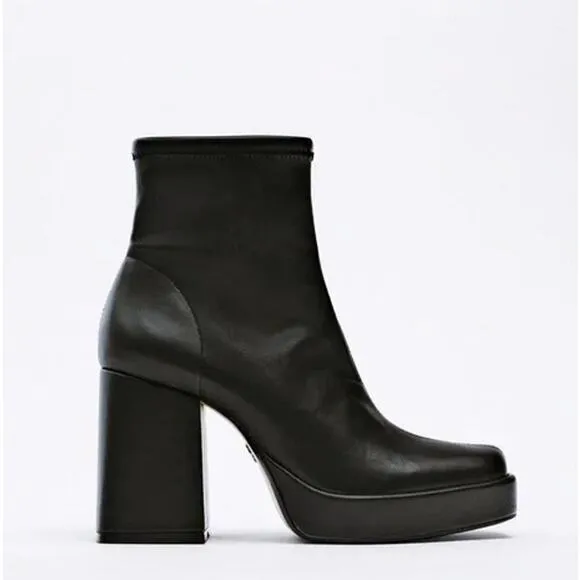 ZARA Faux Leather Platform Ankle Boots Square Toe Chunky Block Heeled, Black