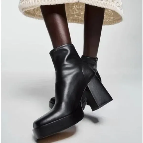 ZARA Faux Leather Platform Ankle Boots Square Toe Chunky Block Heeled, Black