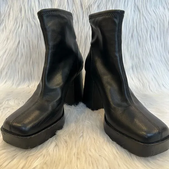 ZARA Faux Leather Platform Ankle Boots Square Toe Chunky Block Heeled, Black