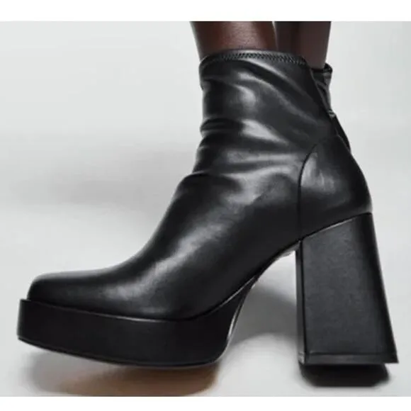 ZARA Faux Leather Platform Ankle Boots Square Toe Chunky Block Heeled, Black
