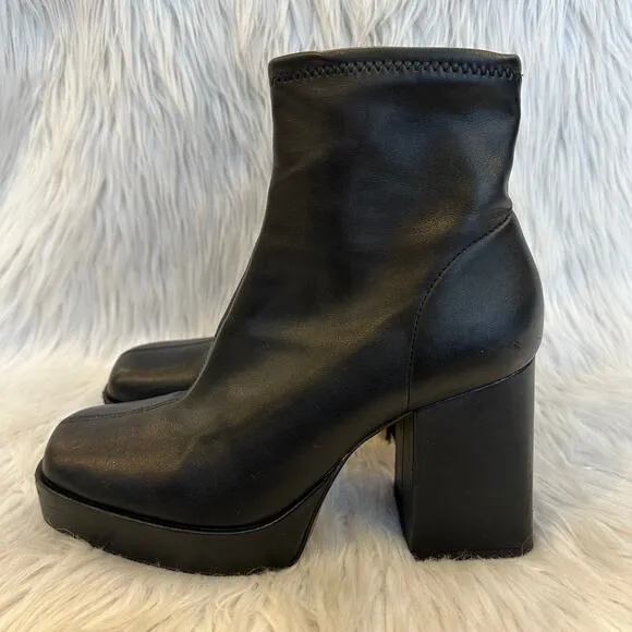 ZARA Faux Leather Platform Ankle Boots Square Toe Chunky Block Heeled, Black