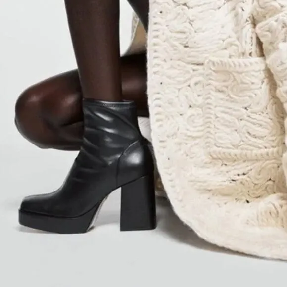 ZARA Faux Leather Platform Ankle Boots Square Toe Chunky Block Heeled, Black