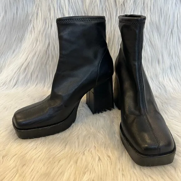 ZARA Faux Leather Platform Ankle Boots Square Toe Chunky Block Heeled, Black