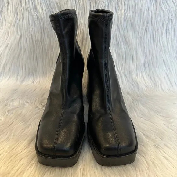 ZARA Faux Leather Platform Ankle Boots Square Toe Chunky Block Heeled, Black