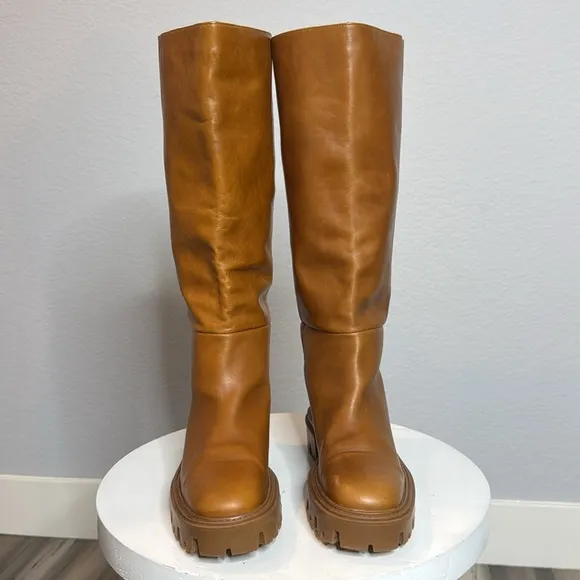 ZARA FLAT CAMEL BROWN LEATHER LUG SOLE KNEE HIGH PLATFORM BOOTS