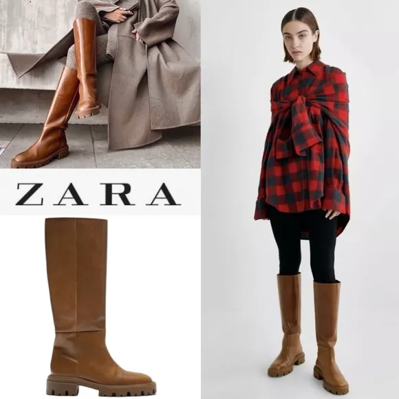ZARA FLAT CAMEL BROWN LEATHER LUG SOLE KNEE HIGH PLATFORM BOOTS