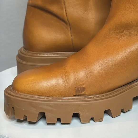ZARA FLAT CAMEL BROWN LEATHER LUG SOLE KNEE HIGH PLATFORM BOOTS
