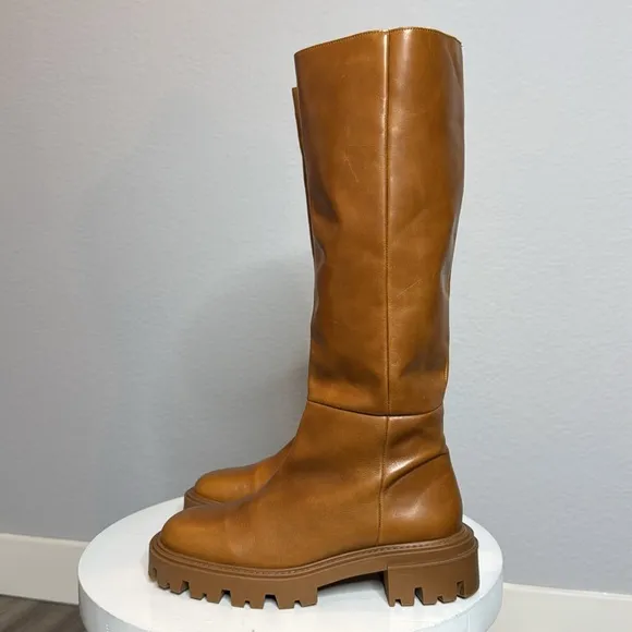 ZARA FLAT CAMEL BROWN LEATHER LUG SOLE KNEE HIGH PLATFORM BOOTS