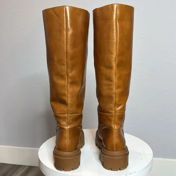 ZARA FLAT CAMEL BROWN LEATHER LUG SOLE KNEE HIGH PLATFORM BOOTS