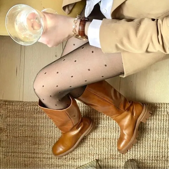 ZARA FLAT CAMEL BROWN LEATHER LUG SOLE KNEE HIGH PLATFORM BOOTS