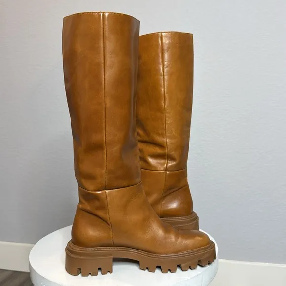 ZARA FLAT CAMEL BROWN LEATHER LUG SOLE KNEE HIGH PLATFORM BOOTS