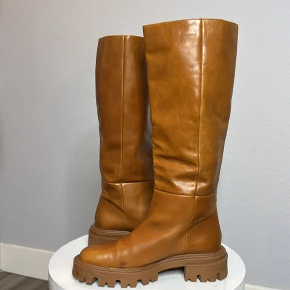 ZARA FLAT CAMEL BROWN LEATHER LUG SOLE KNEE HIGH PLATFORM BOOTS