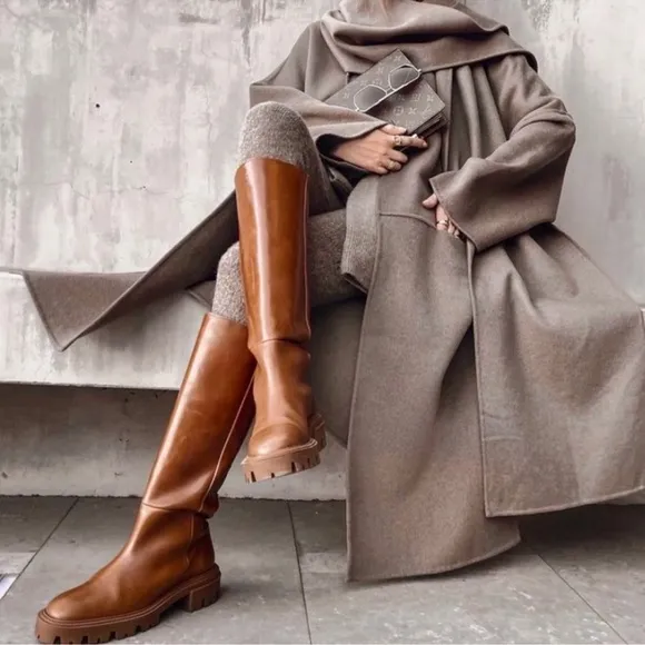 ZARA FLAT CAMEL BROWN LEATHER LUG SOLE KNEE HIGH PLATFORM BOOTS