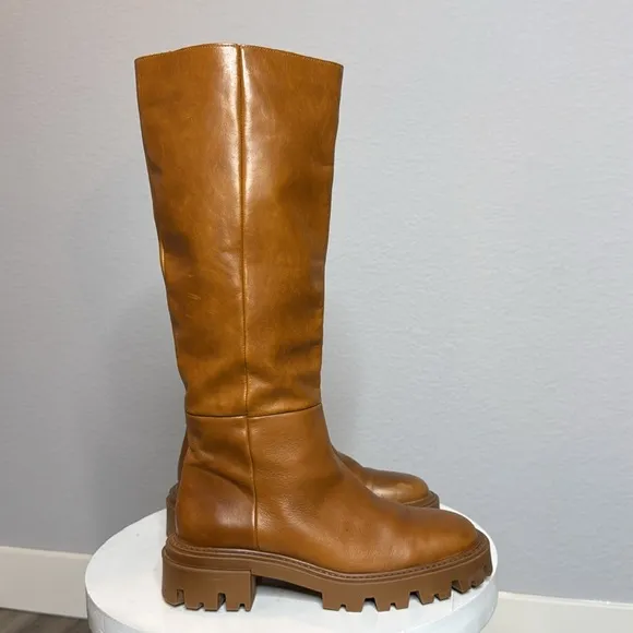 ZARA FLAT CAMEL BROWN LEATHER LUG SOLE KNEE HIGH PLATFORM BOOTS