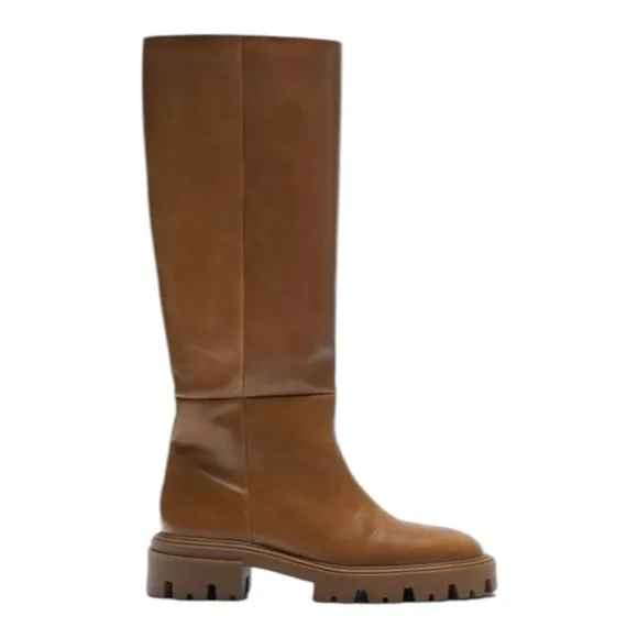ZARA FLAT CAMEL BROWN LEATHER LUG SOLE KNEE HIGH PLATFORM BOOTS