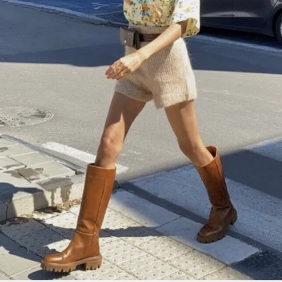 ZARA FLAT CAMEL BROWN LEATHER LUG SOLE KNEE HIGH PLATFORM BOOTS