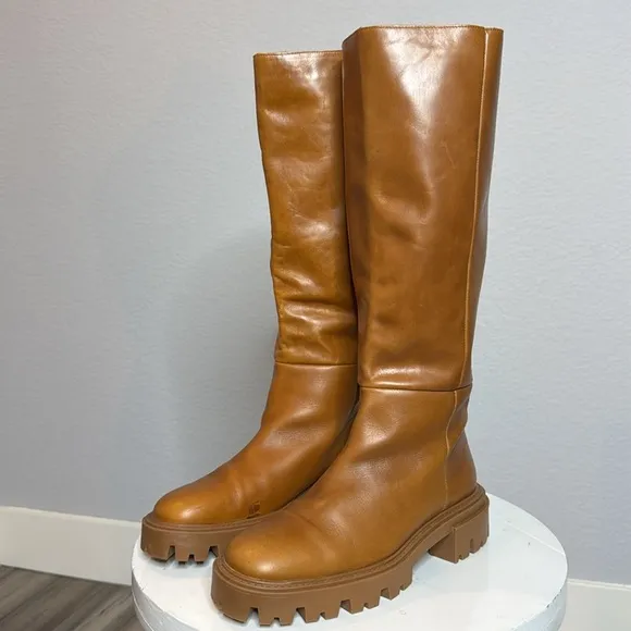 ZARA FLAT CAMEL BROWN LEATHER LUG SOLE KNEE HIGH PLATFORM BOOTS