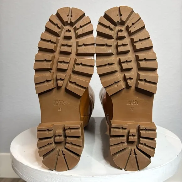 ZARA FLAT CAMEL BROWN LEATHER LUG SOLE KNEE HIGH PLATFORM BOOTS