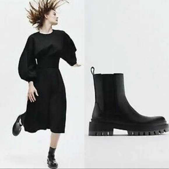 ZARA FLAT LEATHER ANKLE BOOTS WITH TRACK SOLE - Black