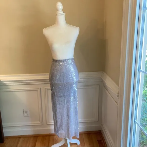 ZARA Gray Silver Clear Sequin Midi Skirt