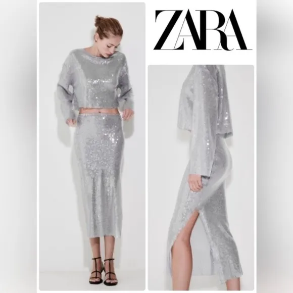ZARA Gray Silver Clear Sequin Midi Skirt
