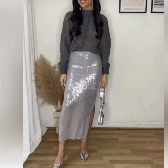 ZARA Gray Silver Clear Sequin Midi Skirt