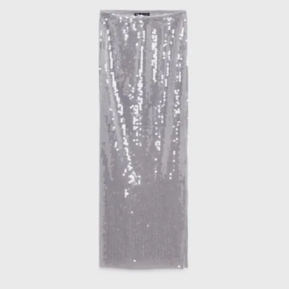 ZARA Gray Silver Clear Sequin Midi Skirt