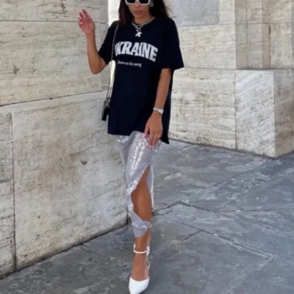 ZARA Gray Silver Clear Sequin Midi Skirt