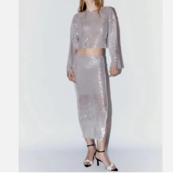 ZARA Gray Silver Clear Sequin Midi Skirt