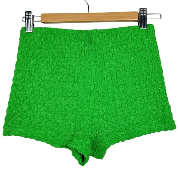 ZARA Honeycomb Woven Textured High Rise Stretchy Pull On Micro Mini Shorts Green