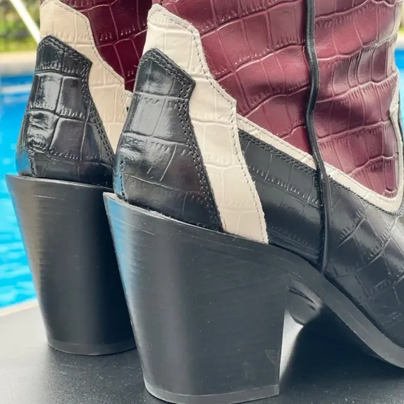ZARA LEATHER HEELED COWBOY ANKLE BOOTS MULTICOLOURED SIZE 8 (EUR 39)