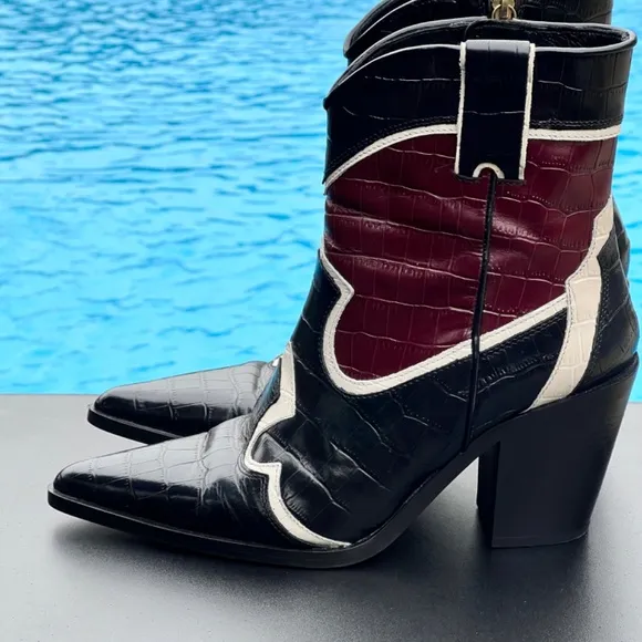 ZARA LEATHER HEELED COWBOY ANKLE BOOTS MULTICOLOURED SIZE 8 (EUR 39)