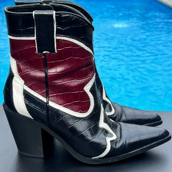 ZARA LEATHER HEELED COWBOY ANKLE BOOTS MULTICOLOURED SIZE 8 (EUR 39)