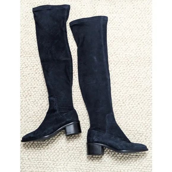 Zara Navy Stretch Fitted Flat Leather Suede Over The Knee Boots Women's Size 5