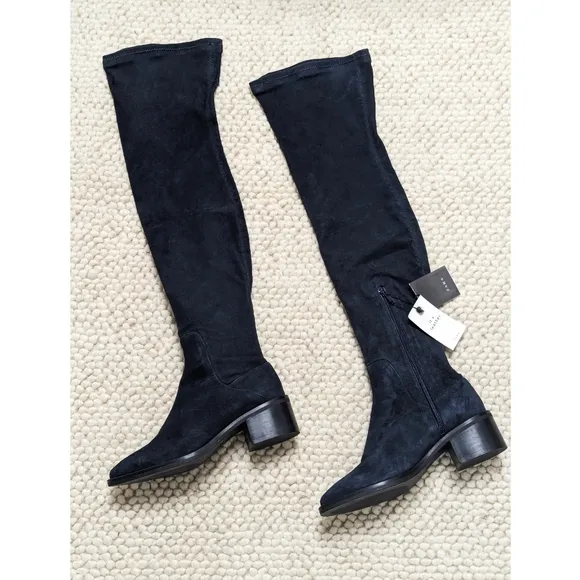 Zara Navy Stretch Fitted Flat Leather Suede Over The Knee Boots Women's Size 5
