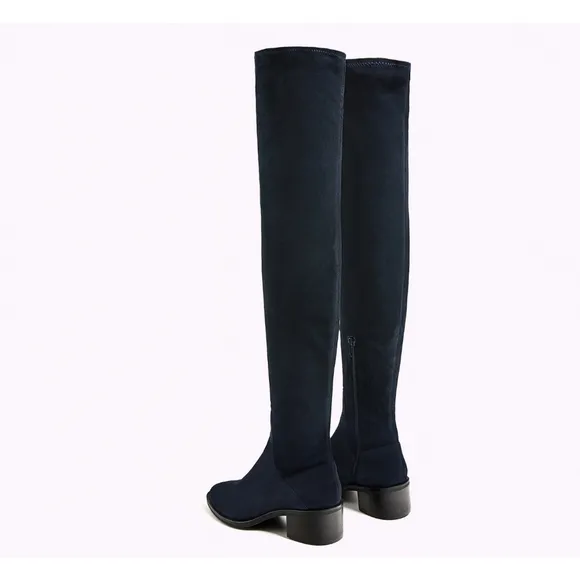 Zara Navy Stretch Fitted Flat Leather Suede Over The Knee Boots Women's Size 5