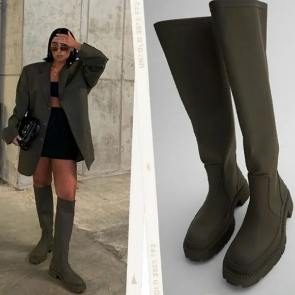 ZARA NWT RUBBERISED FLAT BOOTS TALL Blogger's FAVORITE/ TRENDY