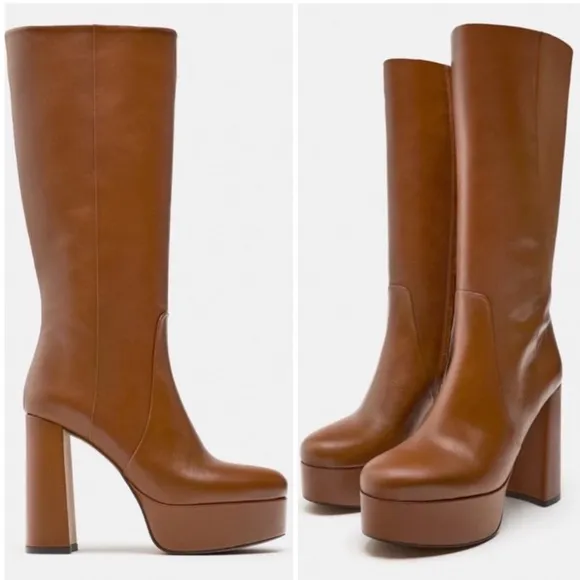 ZARA PLATFORM LEATHER BOOTS Heeled knee high Bloggers favorite
