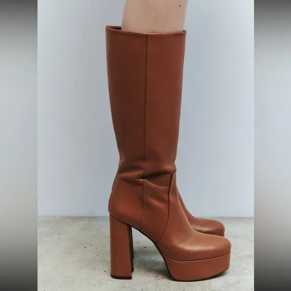 ZARA PLATFORM LEATHER BOOTS Heeled knee high Bloggers favorite