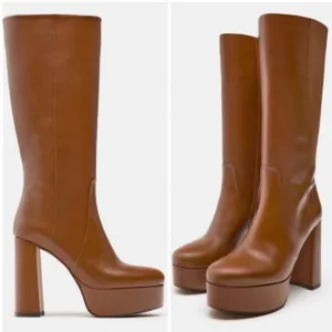 ZARA PLATFORM LEATHER BOOTS Heeled knee high Bloggers favorite