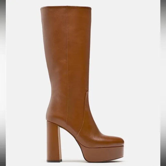 ZARA PLATFORM LEATHER BOOTS Heeled knee high Bloggers favorite