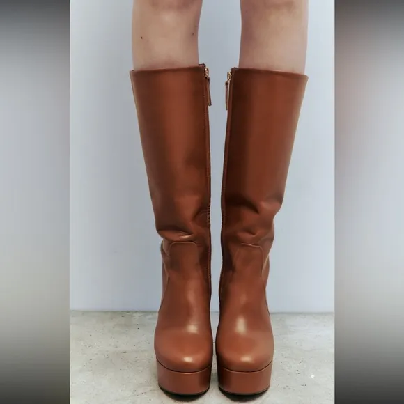 ZARA PLATFORM LEATHER BOOTS Heeled knee high Bloggers favorite