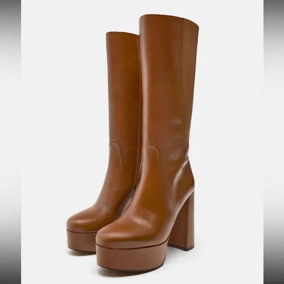ZARA PLATFORM LEATHER BOOTS Heeled knee high Bloggers favorite