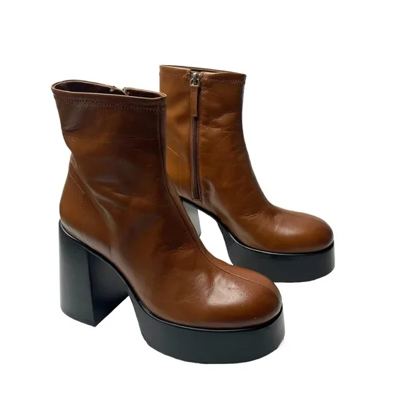 Zara | Platform Leather Heeled Ankle Boots in Brown 40