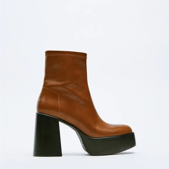 Zara | Platform Leather Heeled Ankle Boots in Brown 40