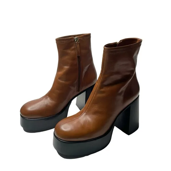 Zara | Platform Leather Heeled Ankle Boots in Brown 40