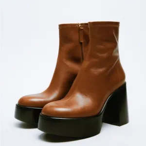 Zara | Platform Leather Heeled Ankle Boots in Brown 40