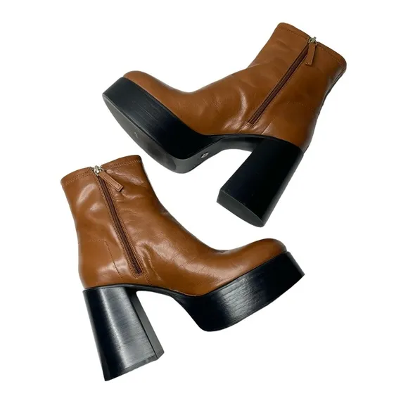 Zara | Platform Leather Heeled Ankle Boots in Brown 40